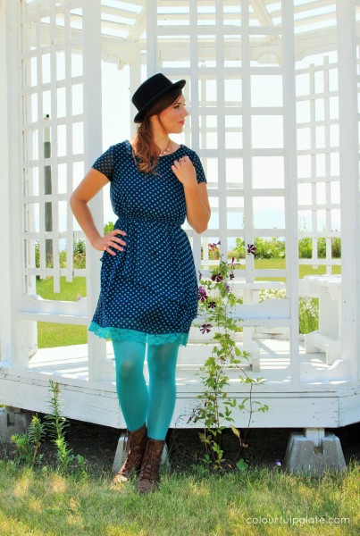 Polka dot dress with hipster boots and turquoise tights