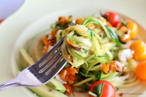 Making #lowcarb noodles out of zuchinni and pair with yellow cherry tomatoes, fragrant spices, and crumbly goat cheese